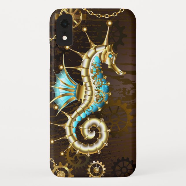 Coques Case-Mate iPhone Arrière - plan en bois avec cheval de mer mécaniqu (Dos)