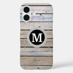 Coques iPhone 16 Arrière - plan en bois de plage Monogrammé