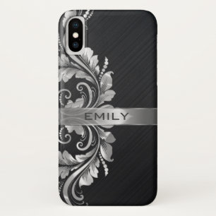 Coque iPhone X Arrière - plan noir floral argent