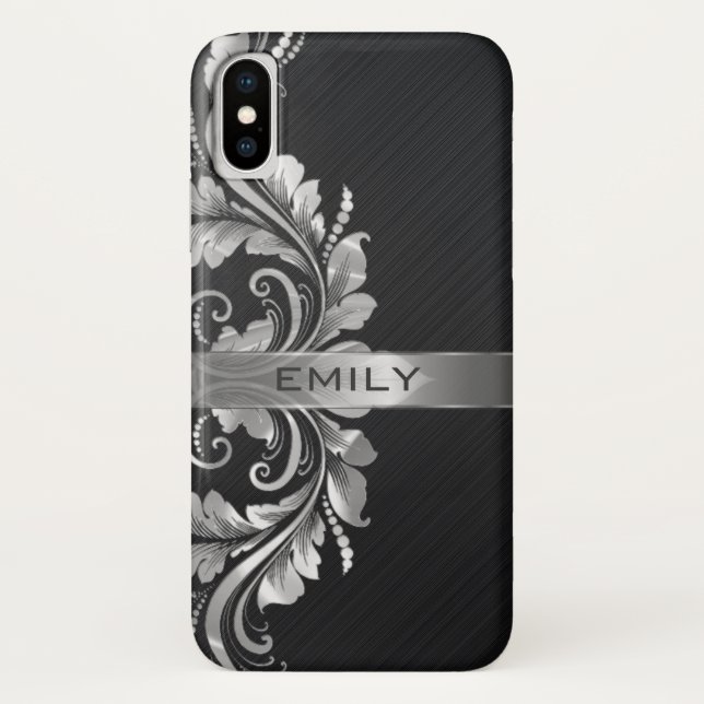 Coques Case-Mate iPhone Arrière - plan noir floral argent (Dos)