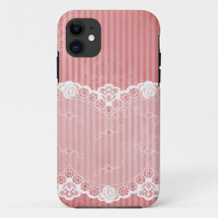 Coque iPhone 11 arrière - plan rose et blanc avec dentelle noire