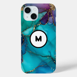 Coque Pour iPhone 15 Arrière - plans d'encre turquoise Parties scintill