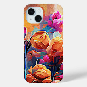 Coque Pour iPhone 15 Art Abstrait Floral Fleurs Orange Rouge Bleu