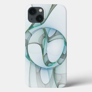 iPhone 13 Case Art Abstrait moderne Fractal Bleu Turquoise Gris
