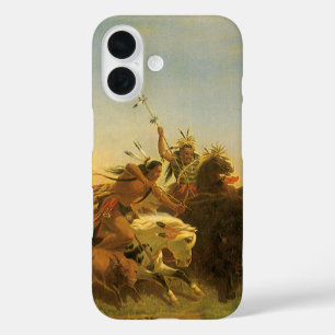 Coques iPhone 16 Art américain occidental vintage, chasse aux bison