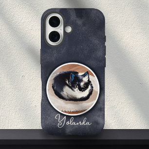 Coques iPhone 16 Art de chat endormi noir et blanc cosy avec nom pe
