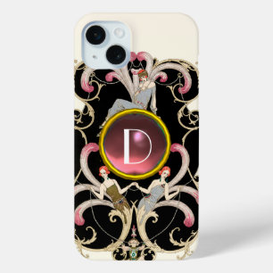 COQUE iPhone 15 MINI ART DÉCO BEAUTÉ MODE ROSE ROSE MONOGRAMME EN PIERR