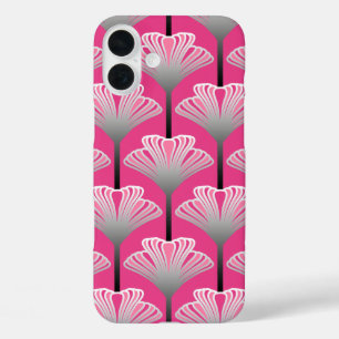 Coques iPhone 16 Plus Art déco Lily, Fuchsia rose et gris argenté