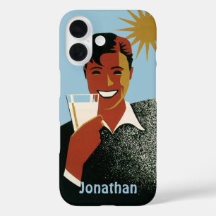 Coques iPhone 16 Art Déco vintage, Homme avec Cocktail au soleil