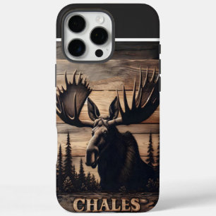 Coques iPhone 16 Pro Max Art du bois d'orignal personnalisé