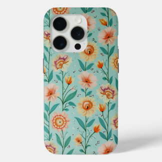 Coque iPhone 15 Pro Art floral – Fleurs roses et feuilles vertes