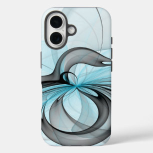 Coques iPhone 16 Art fractal moderne gris anthracite abstrait bleu