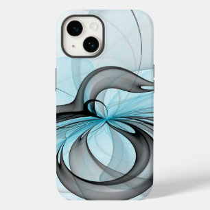 Coque Pour iPhone 14 Art fractal moderne gris anthracite abstrait bleu