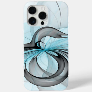 Coque iPhone 15 Pro Max Art fractal moderne gris anthracite abstrait bleu