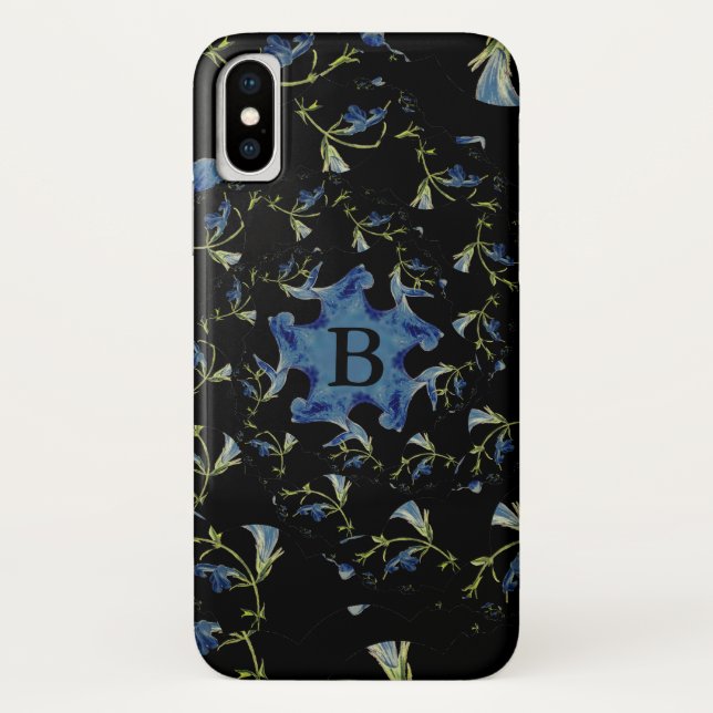 Coques Case-Mate iPhone Art fractal Sage bleu et noir Monogramme (Dos)