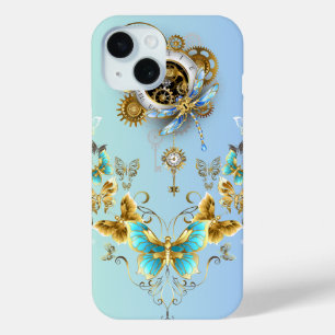 Coque Pour iPhone 15 Art graphique Steampunk turquoise, Sérénité mécani