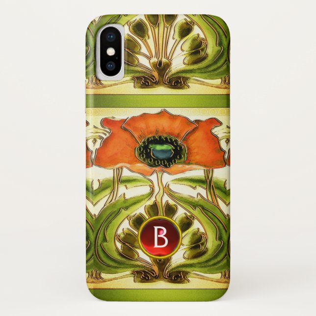 COQUES Case-Mate iPhone ART NOUVEAU STYLISÉ VERT ROUGE POPPY GEM MONOGRAM (Dos)