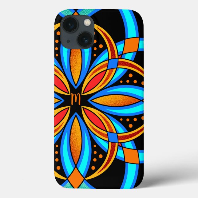 Coques Case-Mate iPhone art numérique bleu orange mandala monogrammed (Verso)