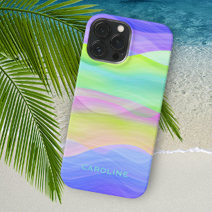 Coque iPhone 15 Mini Art personnalisé bleu vert violet Vagues