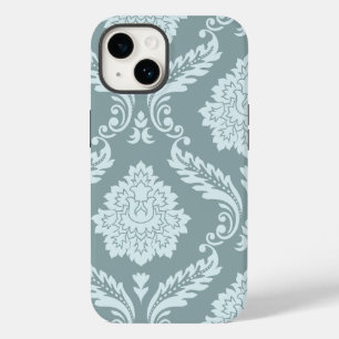 Coque Pour iPhone 14 Art Rococo Damassé I Bleu Canard+Turquoise