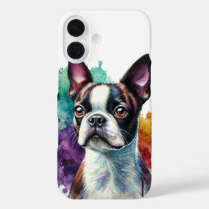 Coques iPhone 16 Art Watercolor de Boston Terrier