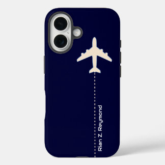 Coques iPhone 16 Avion avec ligne pointillée sur bleu foncé