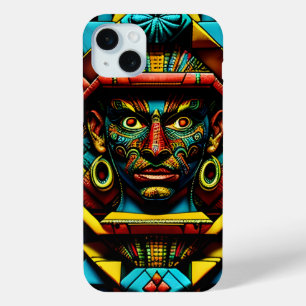 Coque iPhone 15 Mini Aztec Face Motif bleu rouge or