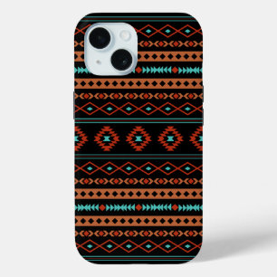 Coque Pour iPhone 15 Aztec Rusts Turquoise Noir Motifs mélangés Motif