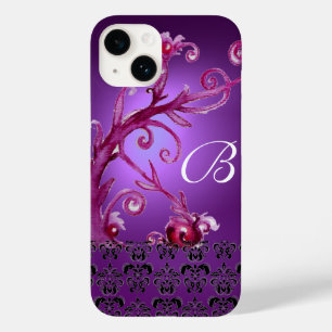 Coque Pour iPhone 14 BAIES, BERRIES DAMASK MONOGRAM rose noir violet