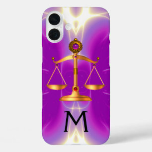 COQUES iPhone 16 PLUS BALANCE DE LA LOI EN OR AVEC MONOGRAMME DE PIERRES