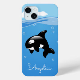 Coque iPhone 15 Mini Baleine orque mignonne dans l'océan avec un nom pe