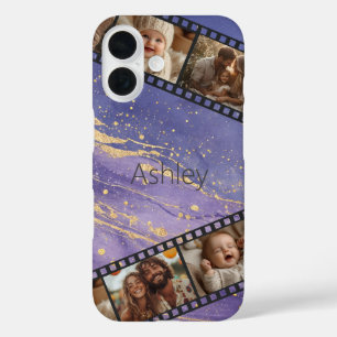 Coques iPhone 16 Bande de film en marbre violet et or