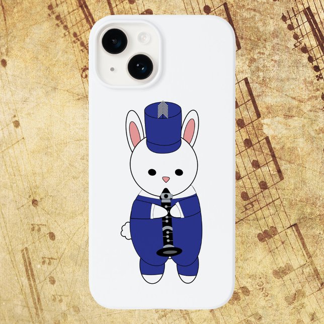 Coques Case-Mate iPhone Bande de Marquage Clarinet Lapin Bleu Blanc Bleu (A rabbit plays the clarinet while wearing a blue and white marching band uniform on a phone case.)