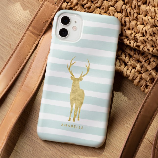 Coques Case-Mate iPhone Bandes d'aquarelle de menthe et cerfs d'or (Créateur téléchargé)