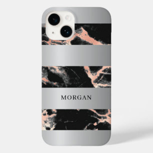 Coque Pour iPhone 14 Bandes d'argent, Marbre d'or noir et Rose, nom