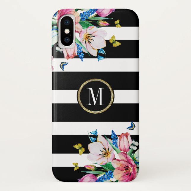 Coques Case-Mate iPhone Bandes et Fleurs et Papillons noirs et blancs (Dos)