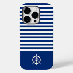 Coque Pour iPhone 14 Pro Bandes Nautiques+Navires Roue Bleu+Blanc