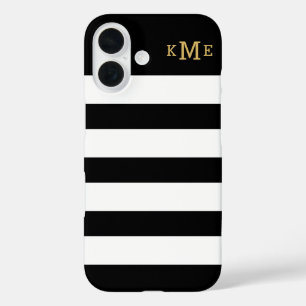 Coques iPhone 16 Bandes noires et blanches chics avec Monogramme or