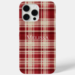 Coque iPhone 15 Pro Max Bandes Plaid Crème Rouge