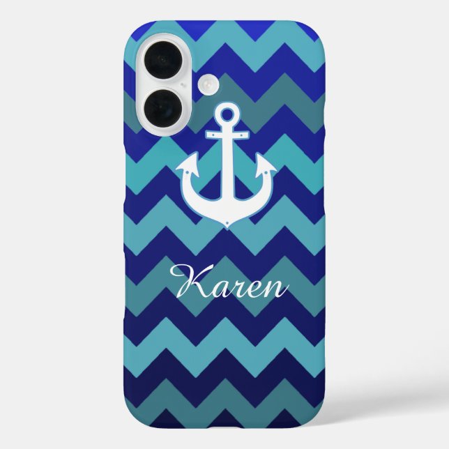 Coques Case-Mate iPhone bandes zig-zag bleu aqua, ancre et nom (Verso)