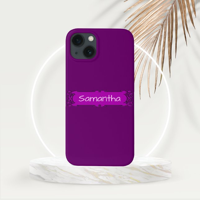 Coques Case-Mate iPhone Bannière Centre Purple Personnalisée (Personalized Purple Banner Phone Case  with Gold Frond Mockup)