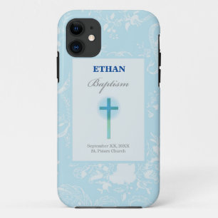 Coque iPhone 11 Baptême de garçon au dentelle bleue