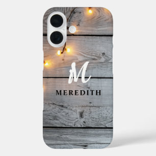Coques iPhone 16 Barre Bois Rustique Élégance Chaîne Lumière Monogr