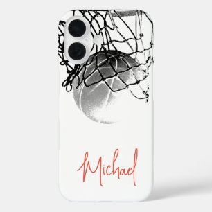Coques iPhone 16 Basket-ball noir et blanc & Net Votre nom