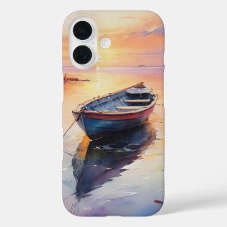 Coques iPhone 16 Bateau brut de style côtier au coucher du soleil