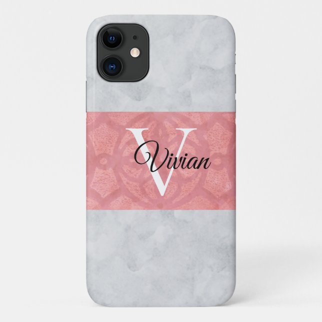 Coques Case-Mate iPhone Batik Rose Ruddy Et Aquarelle Gris Monogramme (Dos)