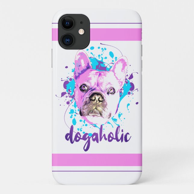 Coques Case-Mate iPhone Beau Français Bulldog visage rose bleu Dogaholic (Dos)