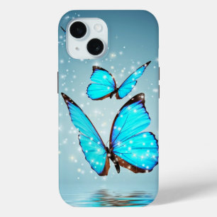Coque Pour iPhone 15 beau papillon bleu brillant