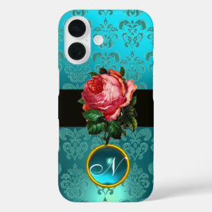 COQUES iPhone 16 BEAU ROSE ROSE BLEU TURQUOISE DAMASK GEM MONOGRAM