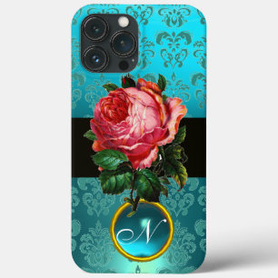 COQUES POUR iPhone BEAU ROSE ROSE BLEU TURQUOISE DAMASK GEM MONOGRAM